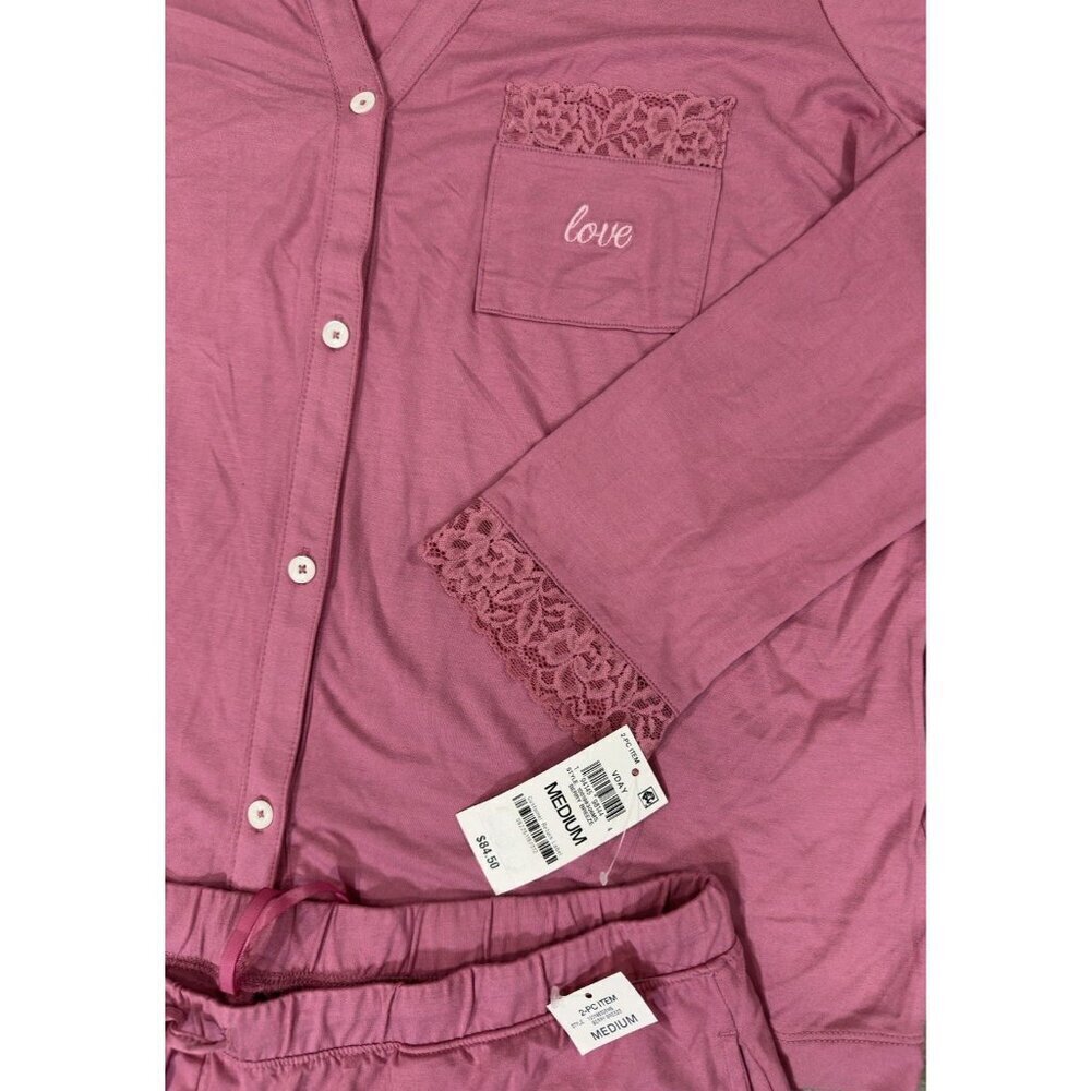 State of Day Macy’s Pink Lace Trim Collared Pajama Set 2PC Button Top Pants M - Picture 6 of 7